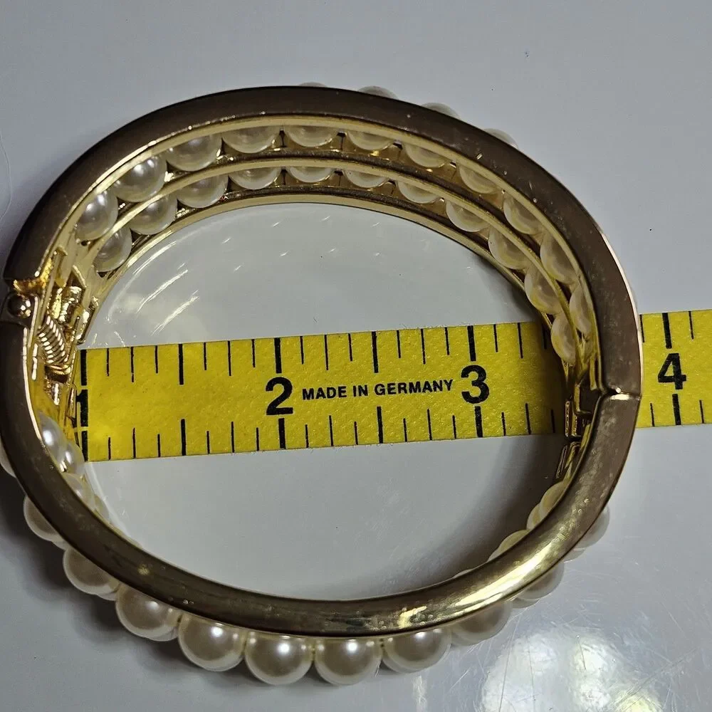 Gold Tone Cream Faux Pearl Double Layer Hinged Bangle Bracelet Approx 6.75
